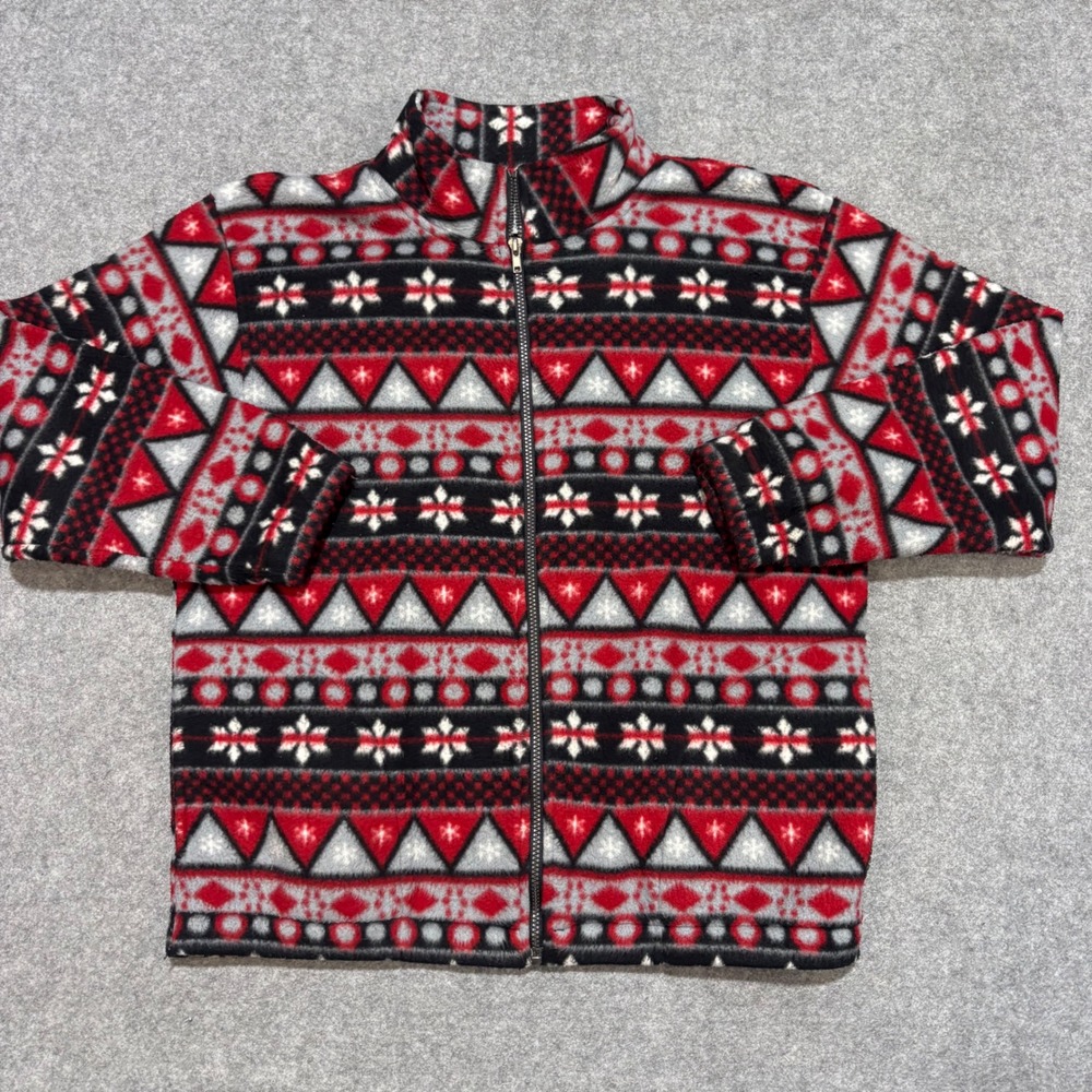 Alfred Dunner Mens Fleece Jacket Red Black Geometric Snowflake Full Zip Medium